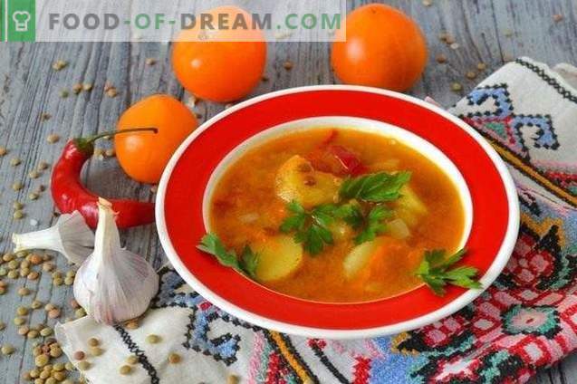 Супа со леќа, жолти домати и млади компири
