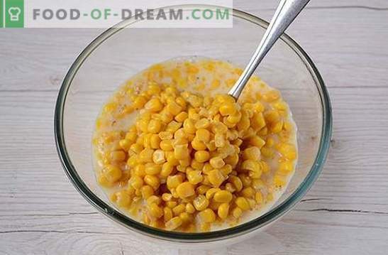 Fritters med majs: använd konserverad majs från burkar! Författarens steg-för-steg fotrecept för fritters med majs på kefir