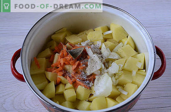 Класичен рецепт за компири со конзервирано месо: вкусот на кујната на советската држава. Како да се готви банални компири со чорба вкусни: чекор по чекор рецепт со слики