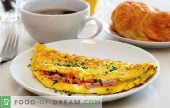 Измешани јајца со колбаси во тава - едноставен појадок. Рецепти за омлет во тава со колбаси и сирење, домати, сланина, зеленчук