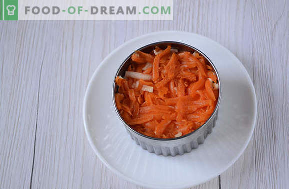 Француска салата со моркови: делумно, убава и вкусна. Фото-рецепт на авторот на чекор по чекор за салата за готвење на француски со моркови, јајца, јаболка и ореви