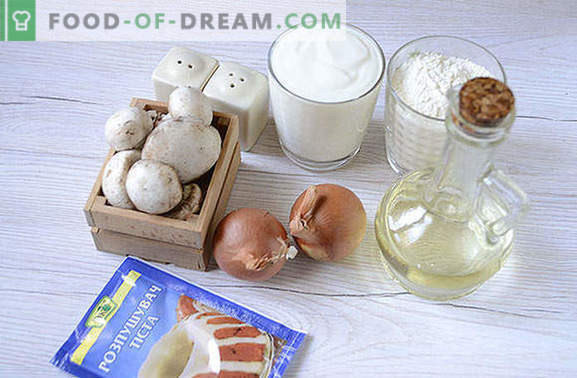Пиле со печурки на кефир - прекрасни слатки колачи за еден час! Чекор-по-чекор фото-рецепт на ароматизирани крем пити со печурки