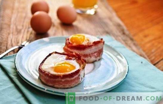 Пржени јајца со сланина - најдобар гостин за домашно готвење. Изненадување е тешко, тоа е лесно да се хранат: фантазија во јадења од сланина и јајца