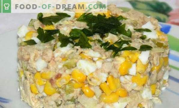 Вкусни рецепти за салати од конзервирана риба, со топено сирење, нежно, сончоглед, мимоза